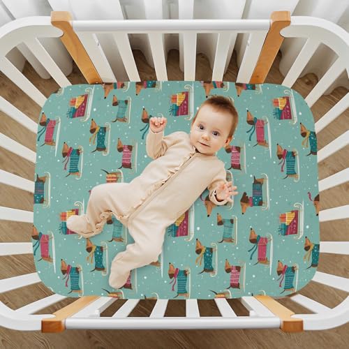 Image of Baby Crib Sheet Christmas Dachshunds Crib Mattress for Boys and Girls Playard Sheet Soft Breathable Fitted Baby Mattress Cover 52x28in