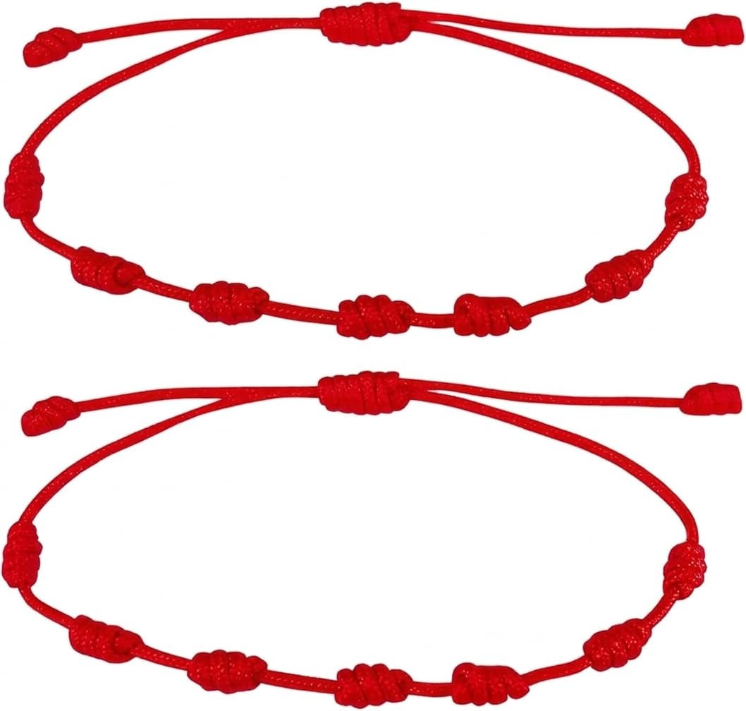 INCLUYE TARJETA CON SIGNIFICADO,2 PULSERAS 7 NUDOS roja Hilo Rojo HECHAS A Mano, Unisex, muy adaptable.