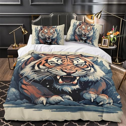 Housse de couette tigre 3 pièces lit simple microfibre 3D