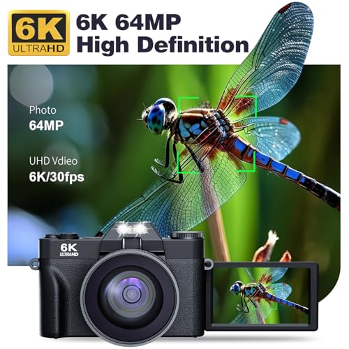 Foto de Cámara digital de 6K 64MP para fotografía, cámara de vlogging para YouTube, pantalla abatible de 180°, enfoque automático de zoom 16X, cámara compacta de belleza de viaje para adolescentes, con lente (imagen 3)