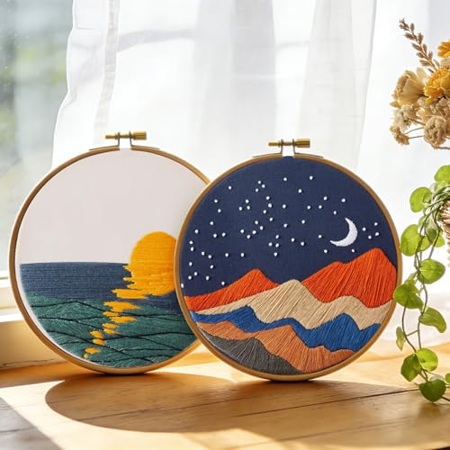 Image of Armindou Hand Embroidery DIY Kits for Beginners Adults, Sea Sunrise Embroidery Set Needlepoint Kits, Stamped Cross Stitch Kits for Beginners Adults, 2 Embroidery Hoops, Fabric(Attached Video Tutorial)