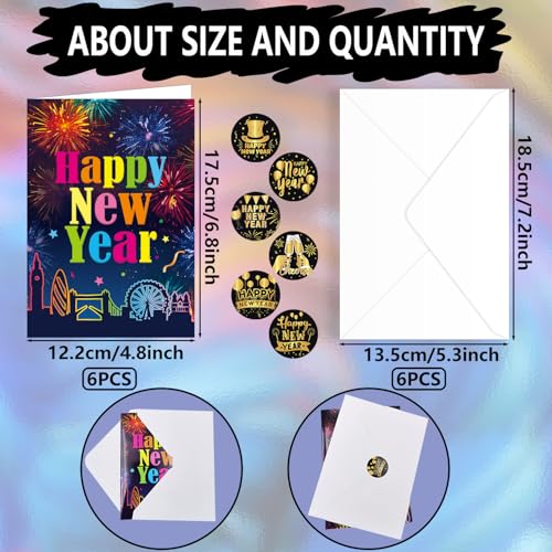 Happy New Year Cards 2026 Colorful, 6 Set New Years Greeting Cards with Envelopes Stickers - Image 2