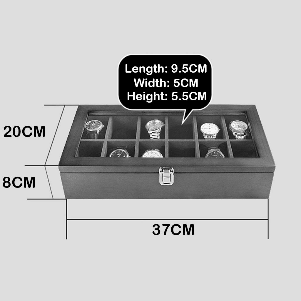 MUSUMI Cajas de almacenamiento para relojes, organizador de joyas de lujo, caja de exhibición de relojes de Madera, almacenamiento con 12 almohadas extraíbles para relojes y tapa de vidrio (Negro)