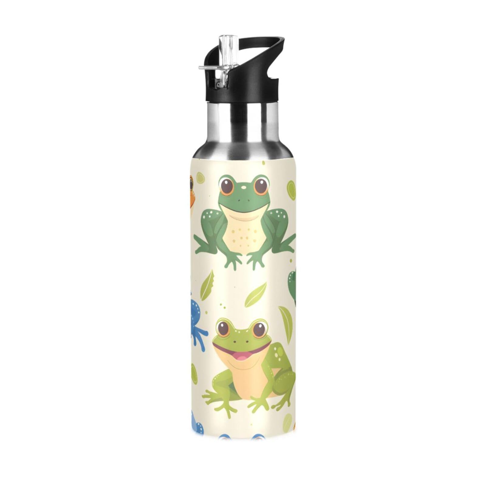 Frogs Cartoon Forest Animals Water Bottles for Boys Kids Bottle Cups with Straw Lid Insulated Stainless Steel Leakproof Water Flask 20 oz