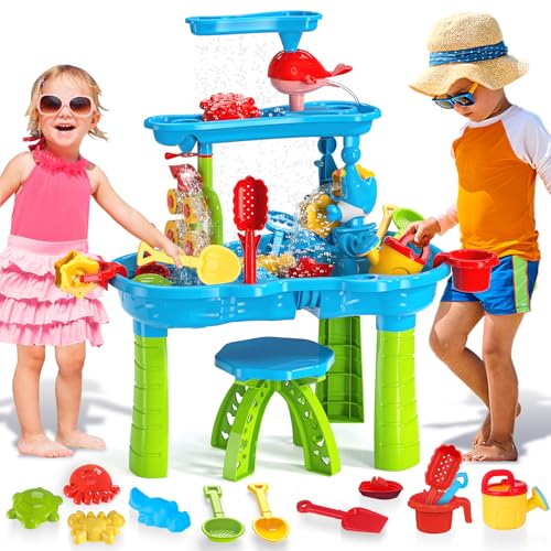 deAO Table de Sable et Eau 3 Étages avec Chaise - Table d‘Activités Sensorielle Enfant avec 13...