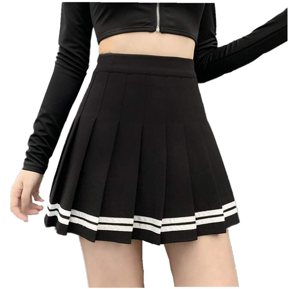 Black Sugar Retro Falda Rayas Colegiala Azul Uniforme Marina Negro Básico Plisado Patinador Chica Mujer Elástico Corto Midi Falda Material Grueso Sólido