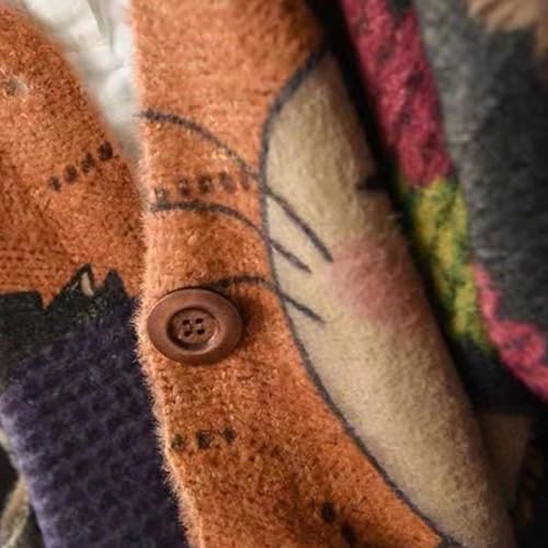 Image of TBUS Women's V Neck Oversized Cat Print Cardigan, Boho Patchwork Knit Sweater Long Sleeve Button Front with Pockets