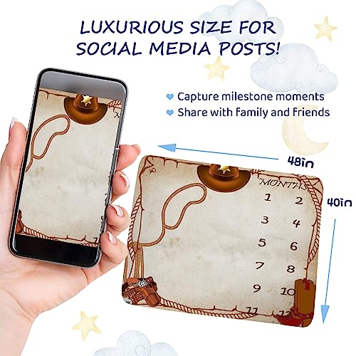 Image of Western Cowboy Monthly Milestone Blanket Hat Boots Decor | 48x40in cotton Monthly Milestone Blanket, cowboy hat boot pattern & matching butterfly frames for growth recording