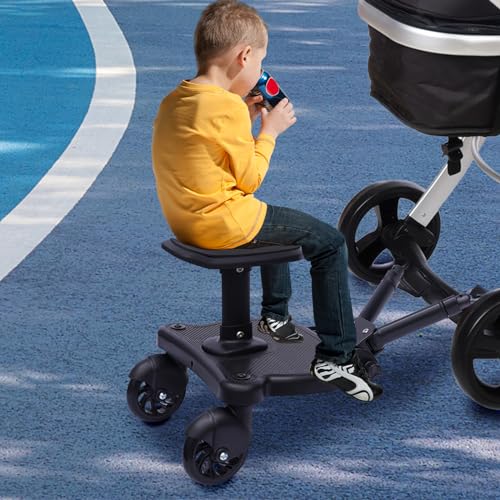 25 kg Buggy Board con asiento, plataforma para cochecito universal, para todos los cochecitos, con organizador de cochecito y correa para colgar, adaptador para niños de 3 a 7 años