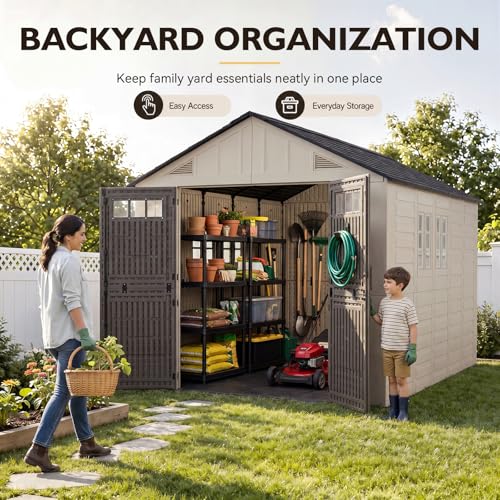 Image of Aoxun 8x12 Ft Outdoor Storage Shed with Floor, Large Resin Outdoor Shed with Lockable Door & Windows, Garden HDPE Sheds for Lawn Tools, Pool Supplies & Bikes