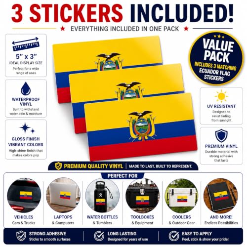 Image of Ecuador Vinyl Flag Stickers, Car Decals, Waterproof Indoor Outdoor, Laptop Stickers, Car Bumper, Ecuadorian Flag, 5 x 3 Inches, Set of 3