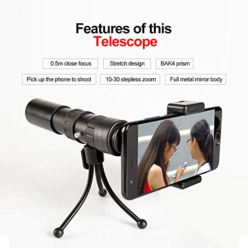 Fdrirect Telescópios monoculares com tripé, 4K 10-300X25mm Super Telephoto Zoom Telescópio monocular