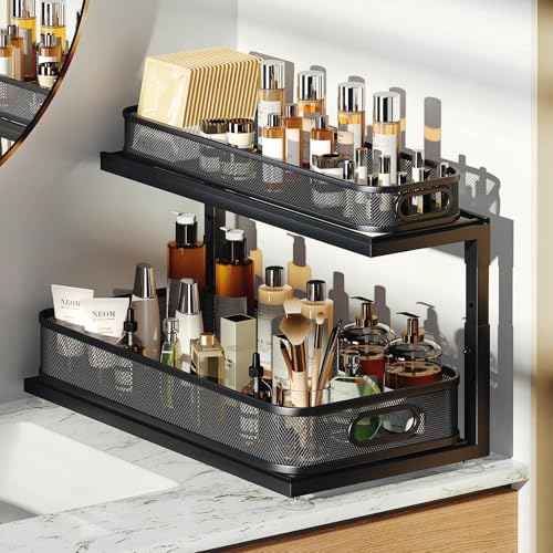 Image of 2-Pack 21.3 IN Depth Under Sink Organizer With Next-Gen Ball-Bearing Slides,Sophisticated Mesh 2-Tier Pull Out Shelf for Kitchen & Bathroom,Fits Small Items-Black