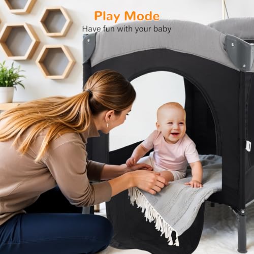Image of Soobaby 5 in 1 Baby Crib,Bedside Sleeper Bassinet,Pack and Play with Bassinet and Changing Table,Portable Travel Playpen Music Box,Portable Travel Crib for Infant Newborn (Black Gray)