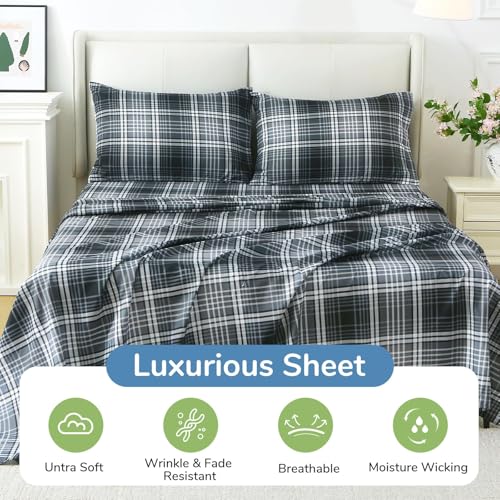 Image of MUXHOMO TwinXL Size 4 Piece Sheet Set, Soft Breathable Bed Sheet Set for Bedroom with Deep Pocket Up to 16 inch, Wrinkle-Free & Cooling Bedding for Oeko-TEX Certified - Black /White Plaid