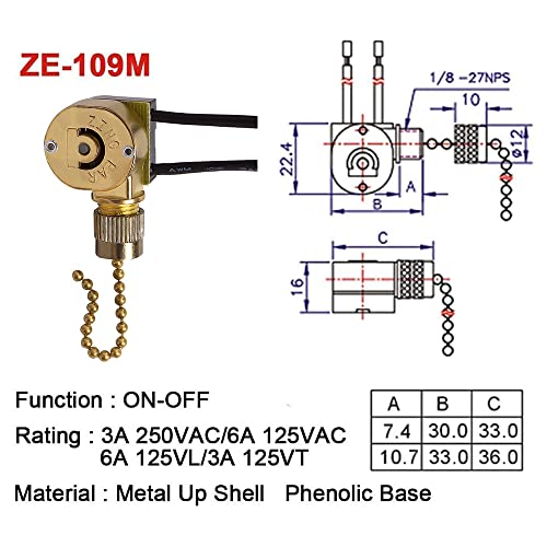 Image of Ceiling Fan Switch Zing Ear ZE-109M Pull Chain Cord Switch for Ceiling Light Fans Lamps and Wall Lights Pull Chain Switch Brass Pull Chain,1 Pack