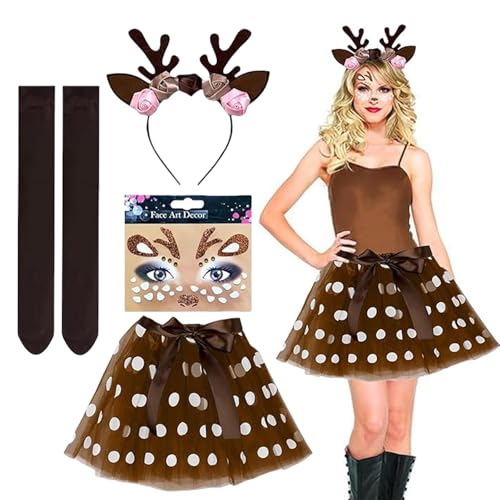 PWCTNT Reindeer Headband, Reindeer Costume, Pack of 5 Fancy Dress Costumes, Women's Antlers Headband, Tulle Skirt, Face Sticker, Black Overknee Socks, Bow Ribbon, for Carnival Theme Party