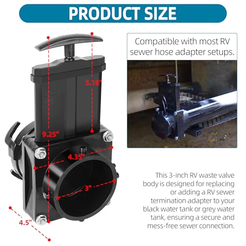 Image of TonGass 3-Inch RV Waste Valve Body with Handle, Durable Sewer Valve Replacement for Campers Trailers and Motorhomes, Mess-Free Heavy-Duty RV Sewer Pipe Fitting - Black