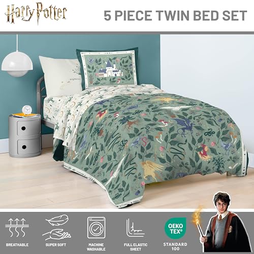 Image of Harry Potter Twin Comforter Set 5 Piece Soft Floral Bedding, Green