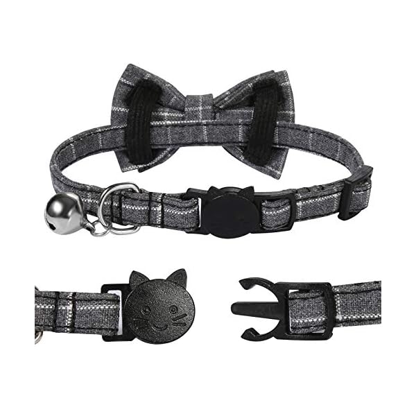 Slson 2 pack breakaway cat collar with bell and bow tie plaid kitten collar for cats and small dogs pets adjustable from 8-11in, black and grey - image 6