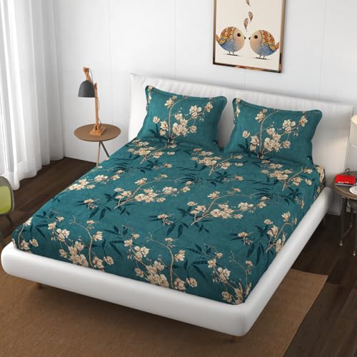 Image of Premium Heavy Cotton Elastic Fitted Bedsheets with 2 King Size Pillow Covers | Double Bed with All Around Elastic 350 TC | 72 x 72 x 10 Inch Queen Size Fitted | :- Green Flower
