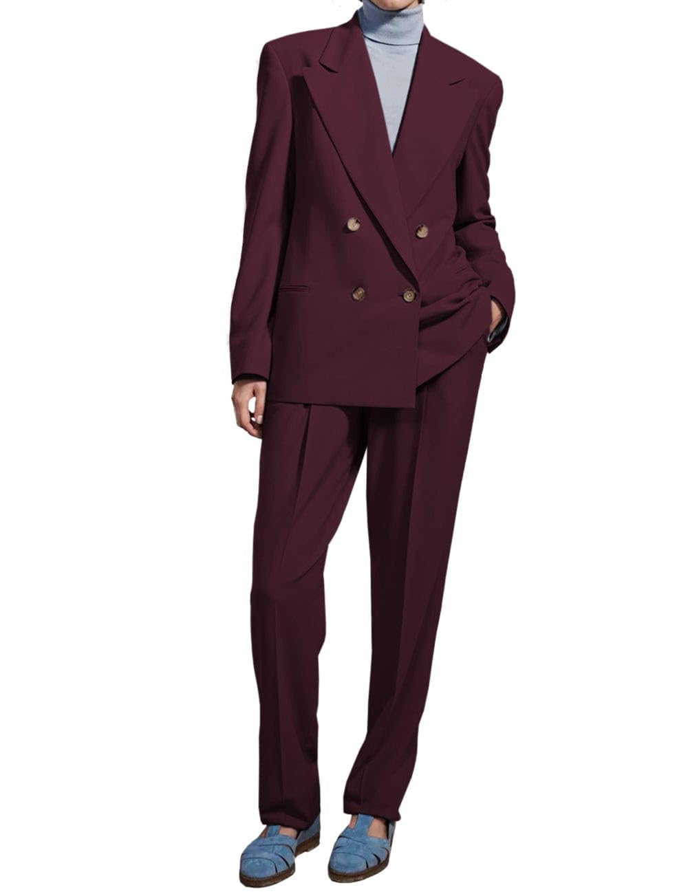 Womens 2-Piece Double Breasted Suit - Peak Lapel Blazer Pants for Office Work