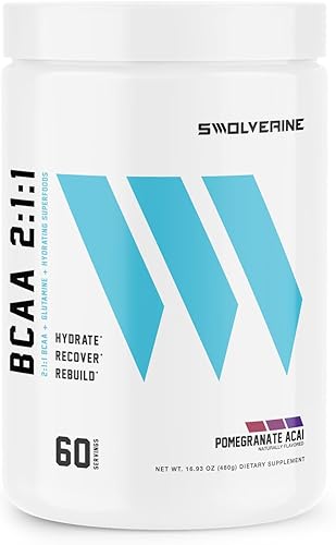 Swolverine BCAA 211  Aminoácidos de cadena ramificada, electrolitos, L-glutamina, fórmula de hidratación y recuperación, granada acai (60 porciones)