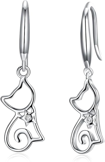 Belons Womens Earrings 925 Sterling Silver Cubic Zirconia Cat Drop Earrings Kitten Dangles for Ladies Girls, Silver/Champaign Gold