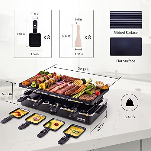 Raclette Table Grill Electric Indoor Grill Griddle Korean Bbq Smokeless Cheese Raclette Nonstick Reversible 2-In-1 Dishwasher Safe with 8 Paddles 8 Spatulas 1400W for 8 Person Hiteclife