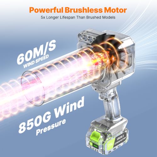 OGERY Brushless Cordless Leaf Blower - 900G Blowing Pressure Turbo Jet Blower with 2x3000mAh Batteries & 480W Motor, Handheld Leaf Blowers for Lawn Care, Car & Workshop Dust, LED Work Light by OGERY - Used condition - Image 2
