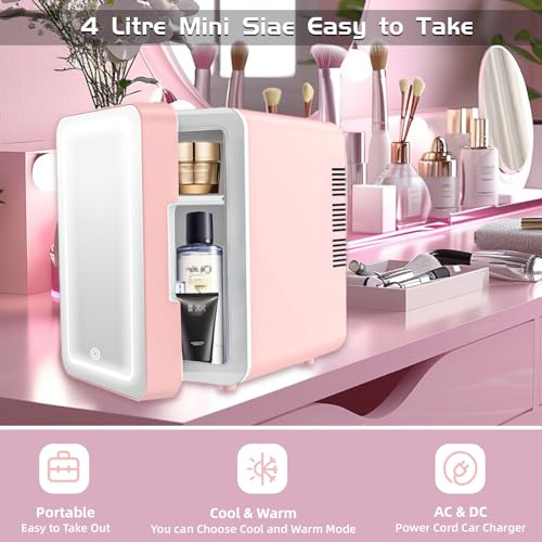 Suewidfay Mini Fridge for Bedrooms 4L, Skincare Fridge with LED Mirror 3 Adjustable Pink Mini Fridge, Cooler Warmer AC DC Power Car Fridge 12v Beauty Fridge for Travel Cosmetics Drinks - Image 4