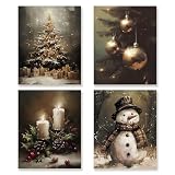 KSDUT Christmas Art Prints Decor Set of 4 - Vintage Retro Winter Holiday Xmas Artwork Poster Christmas Tree Snowman Wall Decor for Home Farmhouse Bedroom Gallery Decorations - 8'x10' Unframed
