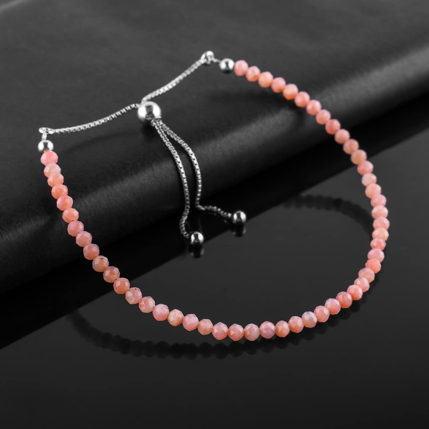 OdrillionGems Natural Pink Opal Gemstone Bolo Bracelet, Opal Beads, 925 Sterling Silver, Handmade, Adjustable Slider, Wedding, Women Jewelry, Valentine Gift, Size 10" Inches - Image 5