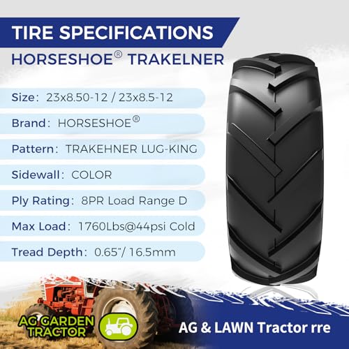 Image of HORSESHOE TRAKEHNER 2 New 23x8.50-12 / 23x8.5-12 8PR R-1 Super Lug-King Ditch Witch Trencher AG Farm Lawn Tractor Tires 23x850x12 23x8.5x12 LRD Heavy Duty Color-Sidewall (23x8.50-12 8Ply)