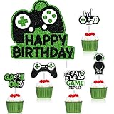 31 Piece Video Game Cake Toppers Happy Birthday Gaming Theme Cupcake Topper Birthday Party Banner Backdrop for Kids