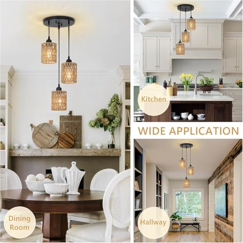 Image of 3 Lights Rattan Pendant Light, Farmhouse Dining Room Light Fixtures Ceiling Hanging, Boho Pendant Lighting with Hand Woven Wicker Shades for Kitchen Island Living Room Bedroom Foyer Hallway