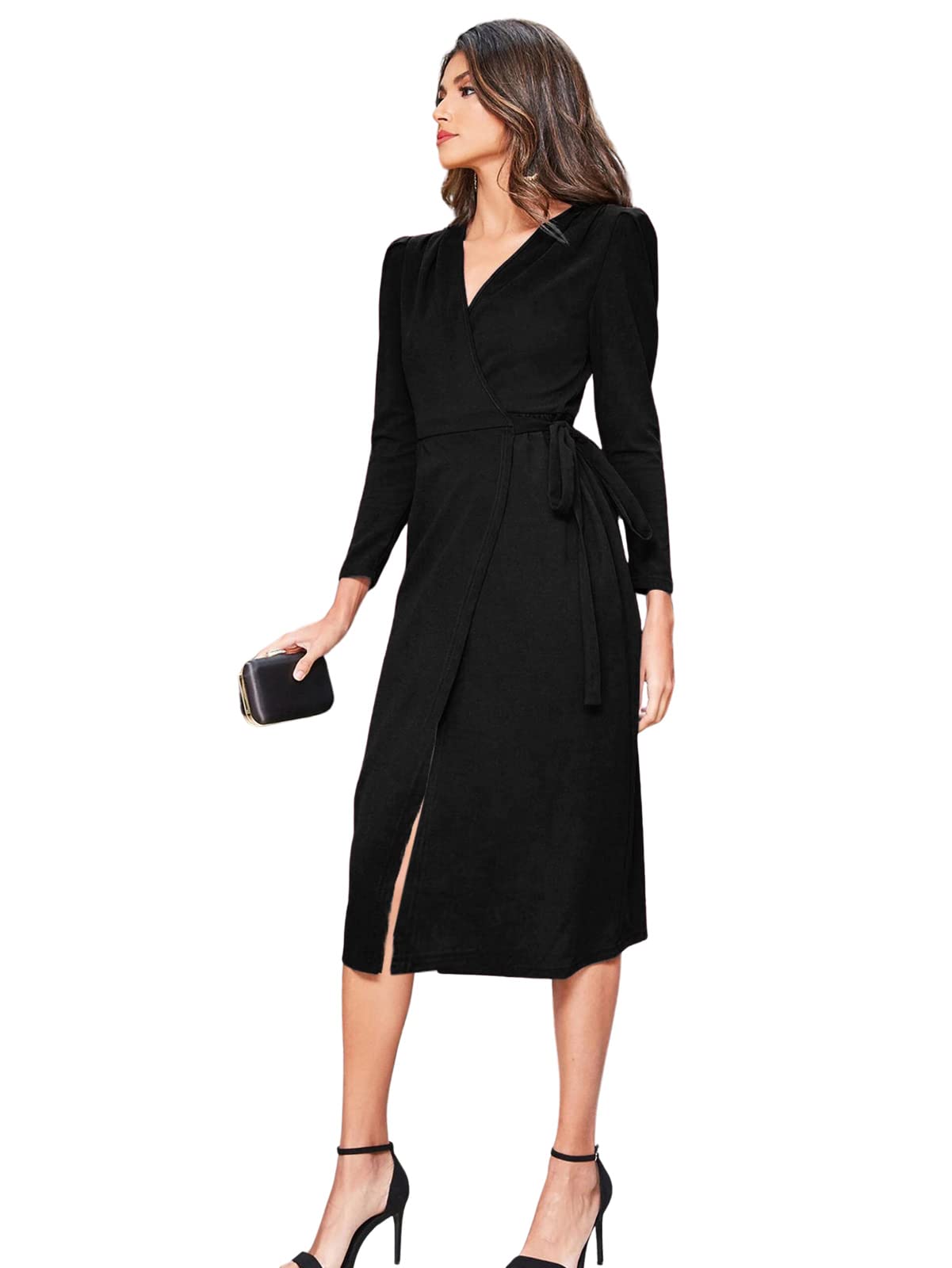 rosery paris Dress for Women Belted Wrap Dress with Puff Sleeves Surplice Neck High Waist & Flared Hem Midi Dress for Women | Dresses for Women Long Dresses for Women