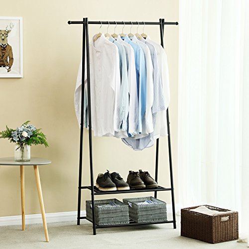 SONGMICS Kleiderständer, Garderobenständer, Garderobe, 2 Ablagen für Schuhe und Boxen, Metallgestell, platzsparend, ideal für Schlafzimmer, Flur und Büro, schwarz HSR05B