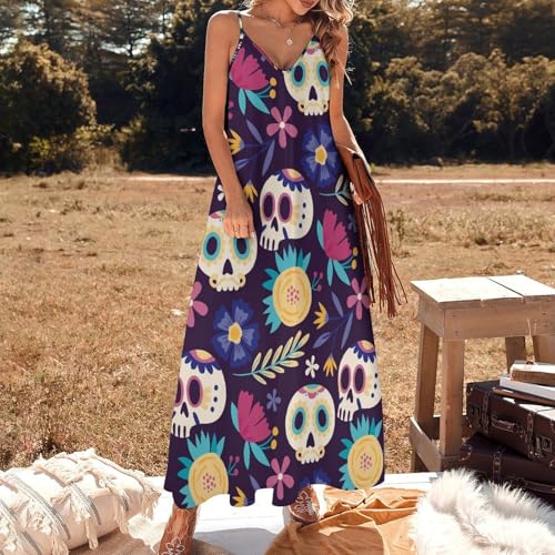 Robe Longue Fleurs Crânes Idéale pour vos Voyages et la Plage
