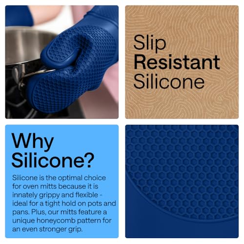 Image of GORILLA GRIP BPA-Free Soft Silicone Oven Mitts, 14.5x8.3, Heat Resistant and Waterproof Cooking Gloves, Thick Cotton Lining, Flexible Gripping for Baking Grilling, Kitchen Potholders Set of 2, Blue