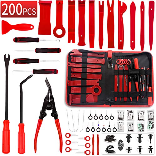 Wetado Trim Tools Auto Removal Kit, 200Pcs Car Trim Puller Tool Kit, Plastic Pry Tools Set for Trim/Panel/Door/Audio, Auto Clip Pliers/Fastener Remover/Terminal Removal Tool Kit (Dark Red-200PCS)