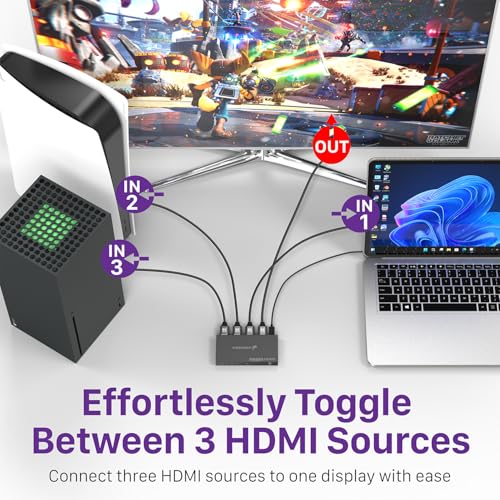 Image of Fosmon 3 in 1 Out 8K HDMI 2.1 Switch (8K@60Hz) with Remote 4K@120Hz 48Gbps | 3-port 8K HDMI switcher with IR remote supports high speed 48Gbps HDR10+ HDCP 2.3 splitter hub for PS5 Xbox PC laptop and TV.