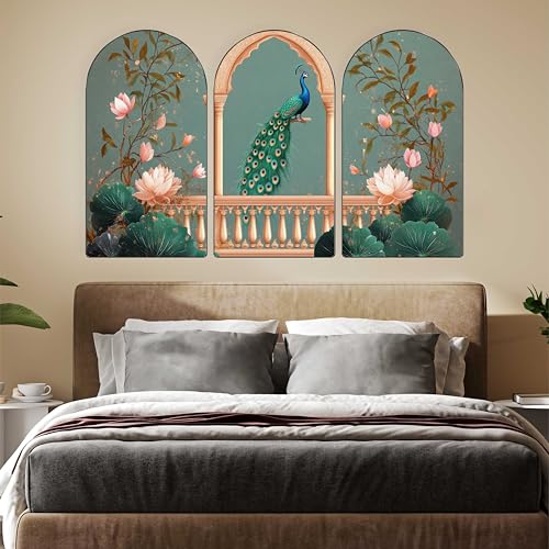 Image of Livin'luxe Peacock Wall Art | Set of 3 MDF Panel Paintings | Lotus Floral & Balcony Palace Theme Decorative Wall Hanging for Living Room, Bedroom & Home Interiors