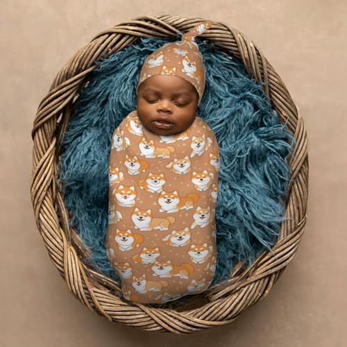 Image of Lovely Japanese Dog Newborn Swaddle Blankets Hat Sets Soft Baby Receiving Blanket Swaddle Sack for Baby Shower Infant Boy Girl Gift