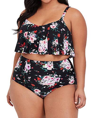 Womens Plus Size High Waisted Swimsuit Floral Bikini Ruffle Flounce Two Piece Swimwear Monokini