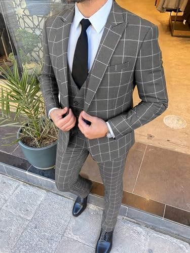 Men's 3 Piece Plaid Suits for Men Slim Fit Double Breasted Tuxedo Blazer Jacket Vest Pants Bussiness Wedding Suit2