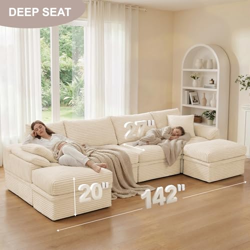 142" Modular U-Shaped Sectional Sofa with Storage, 4-Seat Corduroy Boneless Couch, 27" Deep Seat Cloud Couch & 2 Movable Ottoman, Tool-Free Assembly, Couch for Living Room, Beige - Image 6