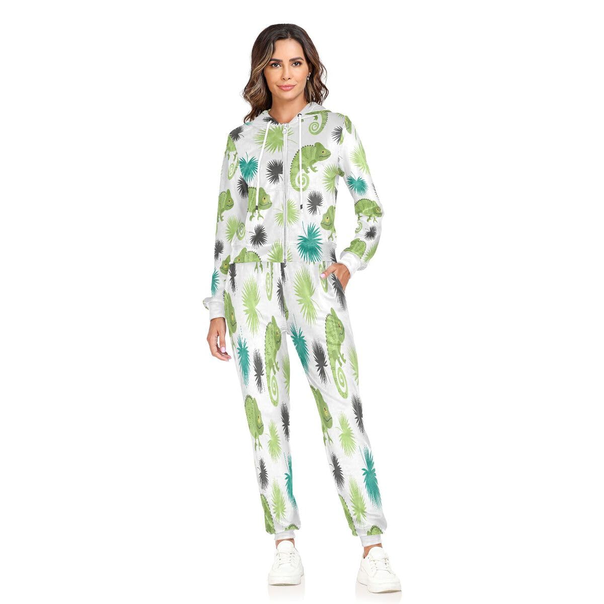 Conjunto deportivo de 2 piezas para mujer, diseño de hojas de palma, camaleón tropical, conjunto deportivo de manga larga, color verde