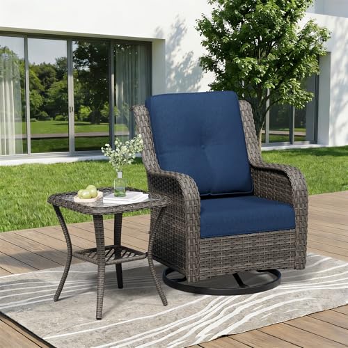 Image of 2 Pieces Outdoor Swivel Rocker Patio Chairs Set - Outdoor Wicker Patio Furniture Sets with 1 Side Table, Olefin Fabric Cushions Suitable for Backyard Deck and Porch, Blue