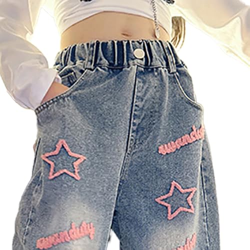 Tween Girls Elastic Waistband Jeans, Letter Graphic Embroidery Denim Pants, Loose Wide Leg Jeans with Five Pockets3